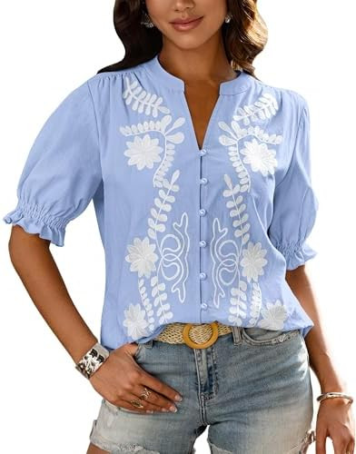 BTFBM Women's 2026 Spring Tops Casual Floral Boho V Neck Puff Short Sleeve Button Down Shirts Emb... | Amazon (US)