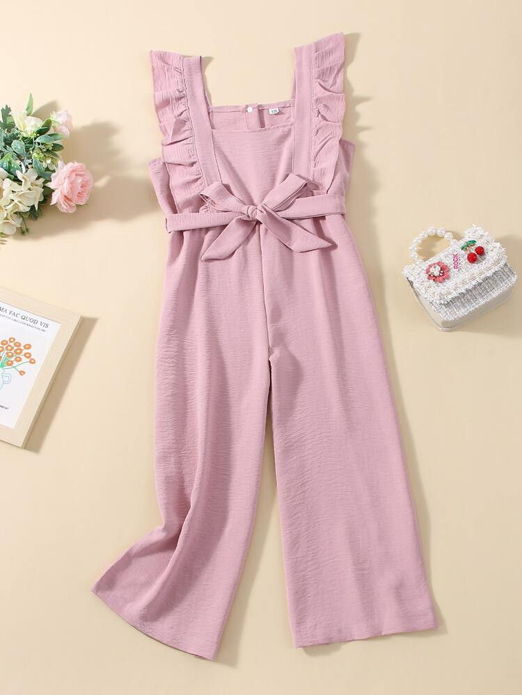 Girls Ruffle Trim Belted Cami Wide Leg Jumpsuit | SHEIN