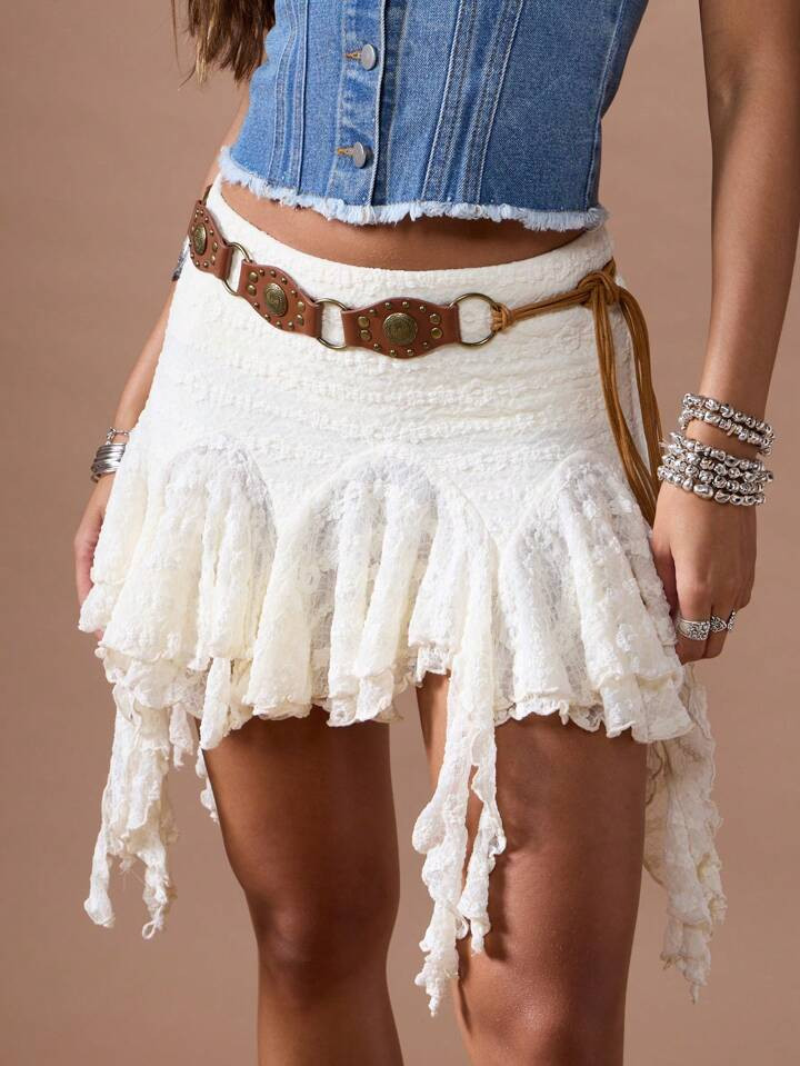 MISSGUIDED Saia Mini Estilo Boêmio Artesanal De Renda, Assimétrica, Com Babados Em Camadas, Estilo Ocidental De Verão, Com Cinto Decorativo | SHEIN