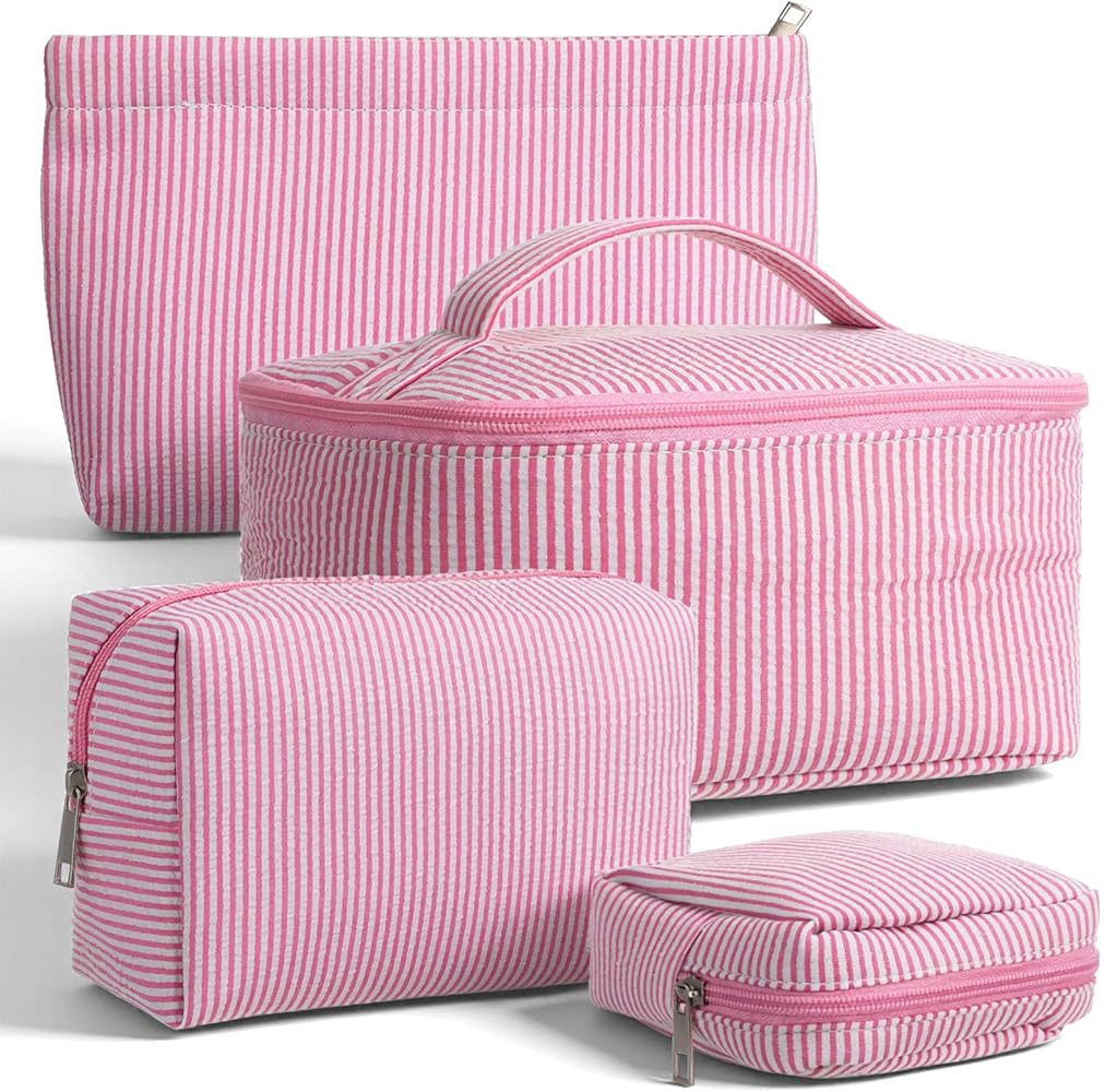 4 Pieces Travel Toiletry Bag Set for Women, Cute Makeup Bag Set with Pink Stripe Designs, Cotton ... | Amazon (US)