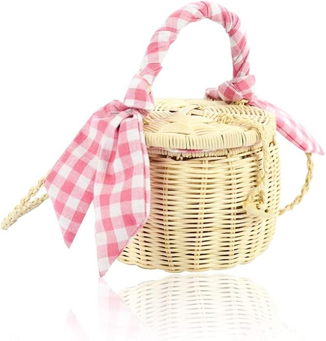 QTKJ Natural Hand-Woven Wicker Round Shoulder Bag Summer Beach Mini Straw Crossbody Bucket Tote B... | Amazon (US)