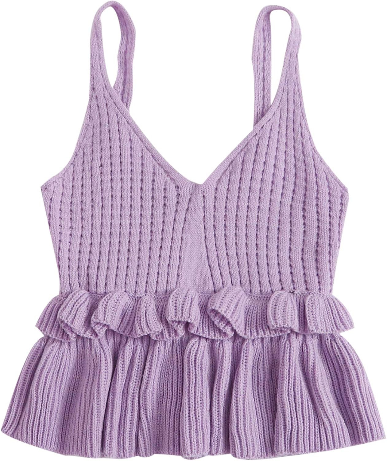 SweatyRocks Women's Casual Knit Top Sleeveless Ruffle Hem V Neck Peplum Crop Tank Top | Amazon (US)