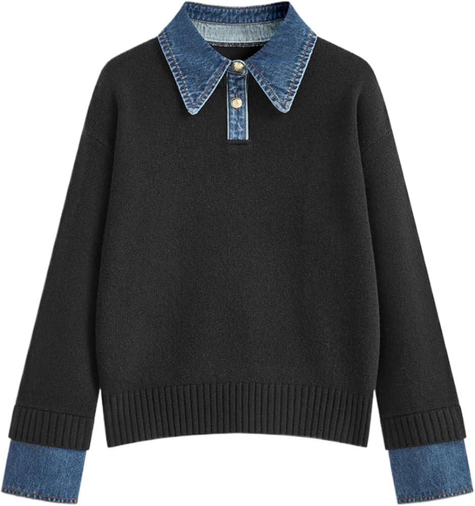 hathne Women's Oversized Polo Sweater Button Up Denim Lapel Pullover Sweater Long Sleeve Collared... | Amazon (US)
