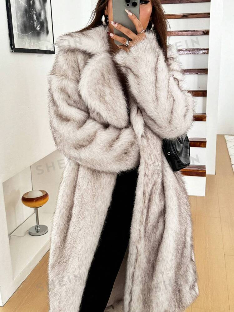 SHEIN EZwear Women's Winter Stand Collar Long Sleeve With Pockets Long Elegant Fluffy Coat | SHEIN