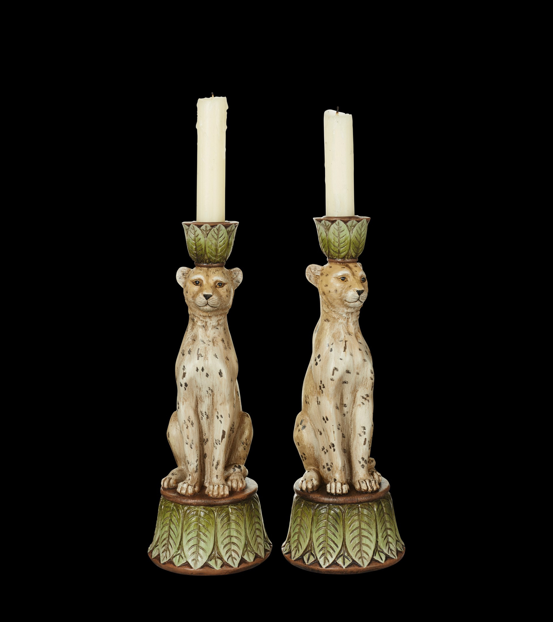 Pair of Lakadema Leopard Candle Holders - Multi | OKA UK