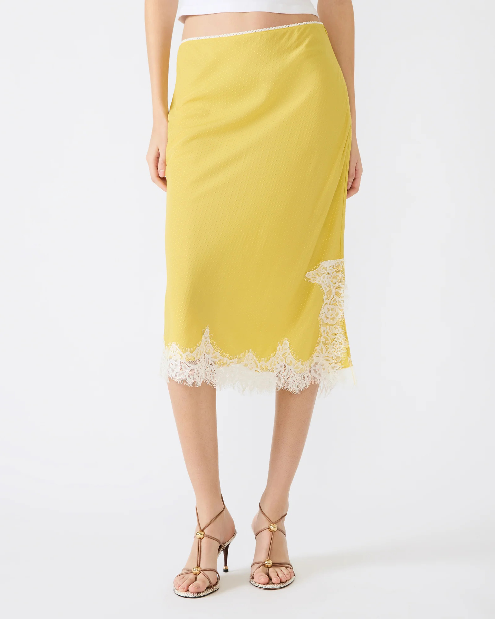CINTHIA Golden Lime Lace Trime Women's Midi Skirt | Steve Madden (US)