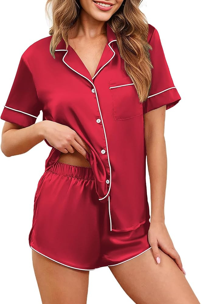 Ekouaer Womens Silk Satin Pajamas Set Short Sleeve Sleepwear Button Down Loungewear 2 Piece Pjs S... | Amazon (US)