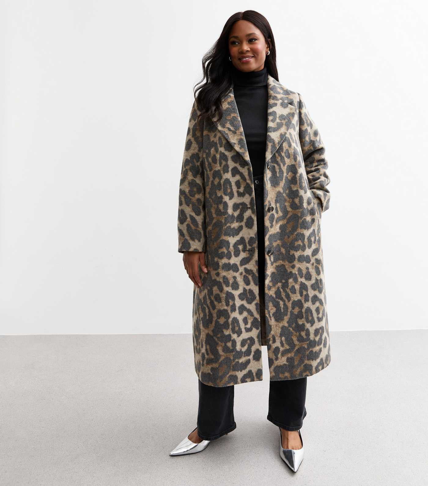 Curves Brushed Leopard Print Longline Coat | New Look | New Look (UK)