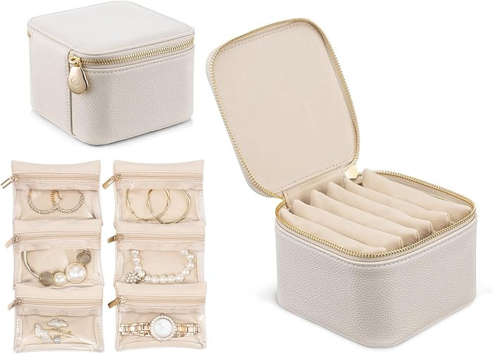 VLANDO Travel Jewelry Box Organizer with 6 Zippered Pouches, Offwhite | Amazon (US)
