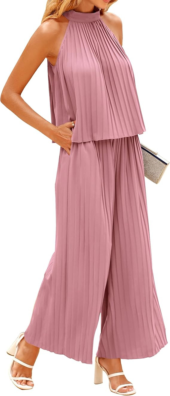 dowerme Women's 2 Piece Outfits 2023 Halter Neck Sleeveless Flowy Tie Back Top Long Wide Leg Pant... | Amazon (US)