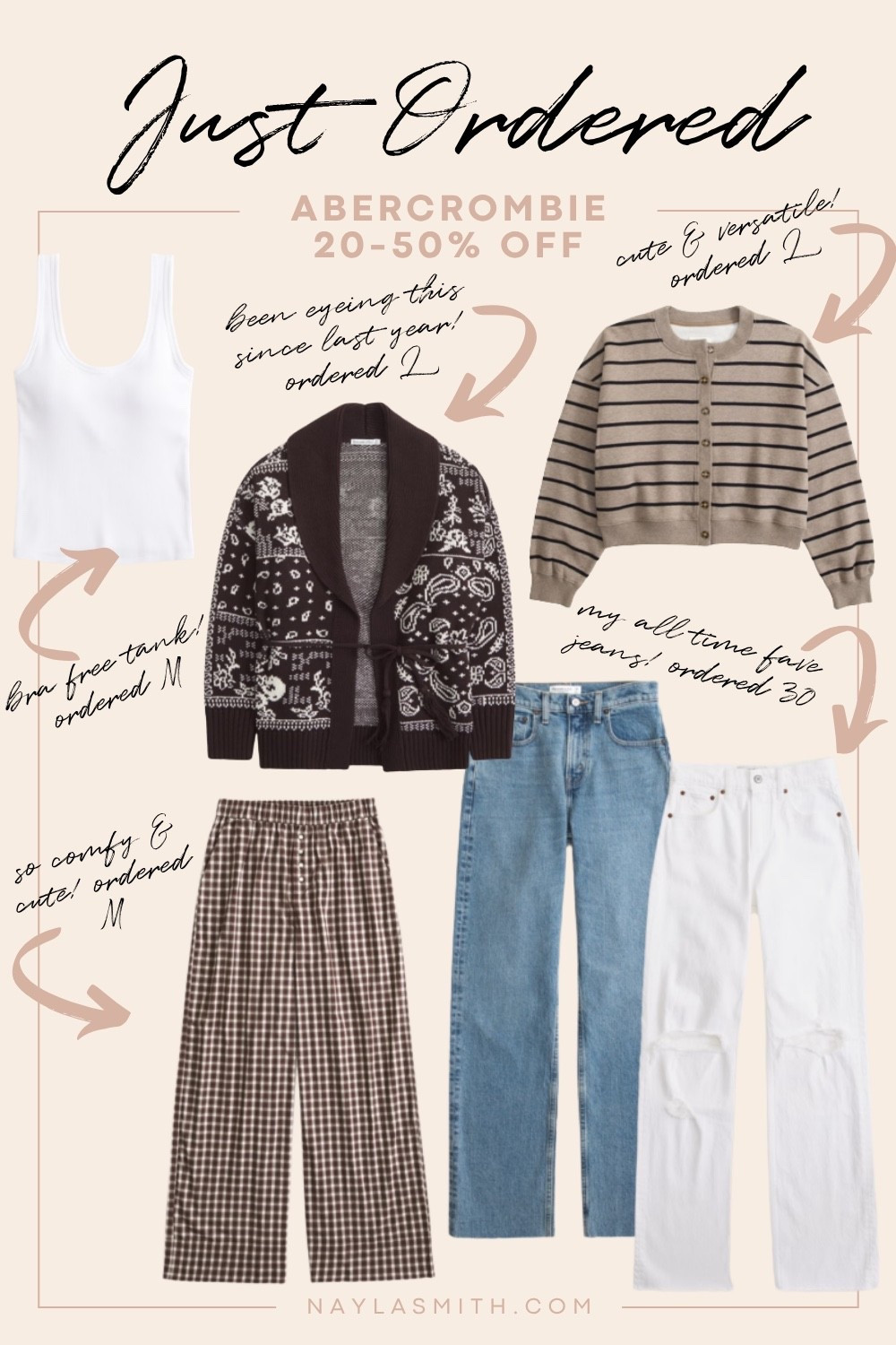 Abercrombie fall order! Code AFCARRIE for extra 15% off, last day of the sale!Bandana print cardigan (ordered L), white bra free tank (ordered M), striped button up sweatshirt (ordered L), my all time fave jeans (ordered 30), plaid lounge pants (ordered M)

#LTKfall #LTKsale #LTKjeans