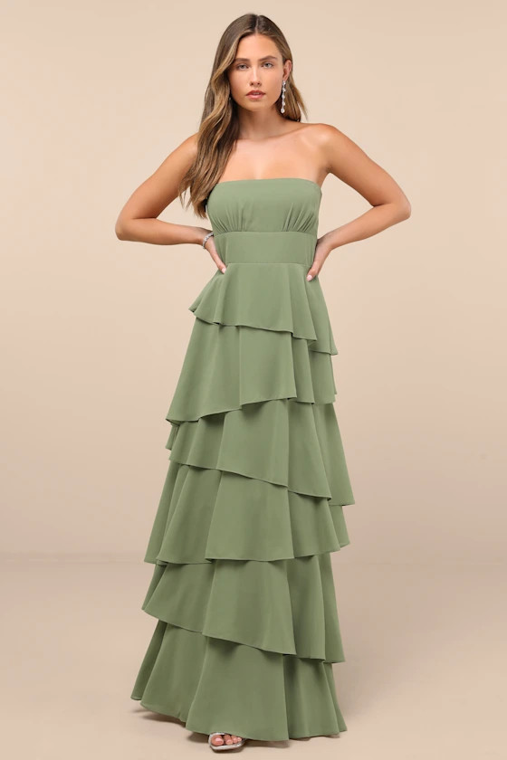 Gorgeous Essence Sage Strapless Tiered Maxi Dress | Lulus