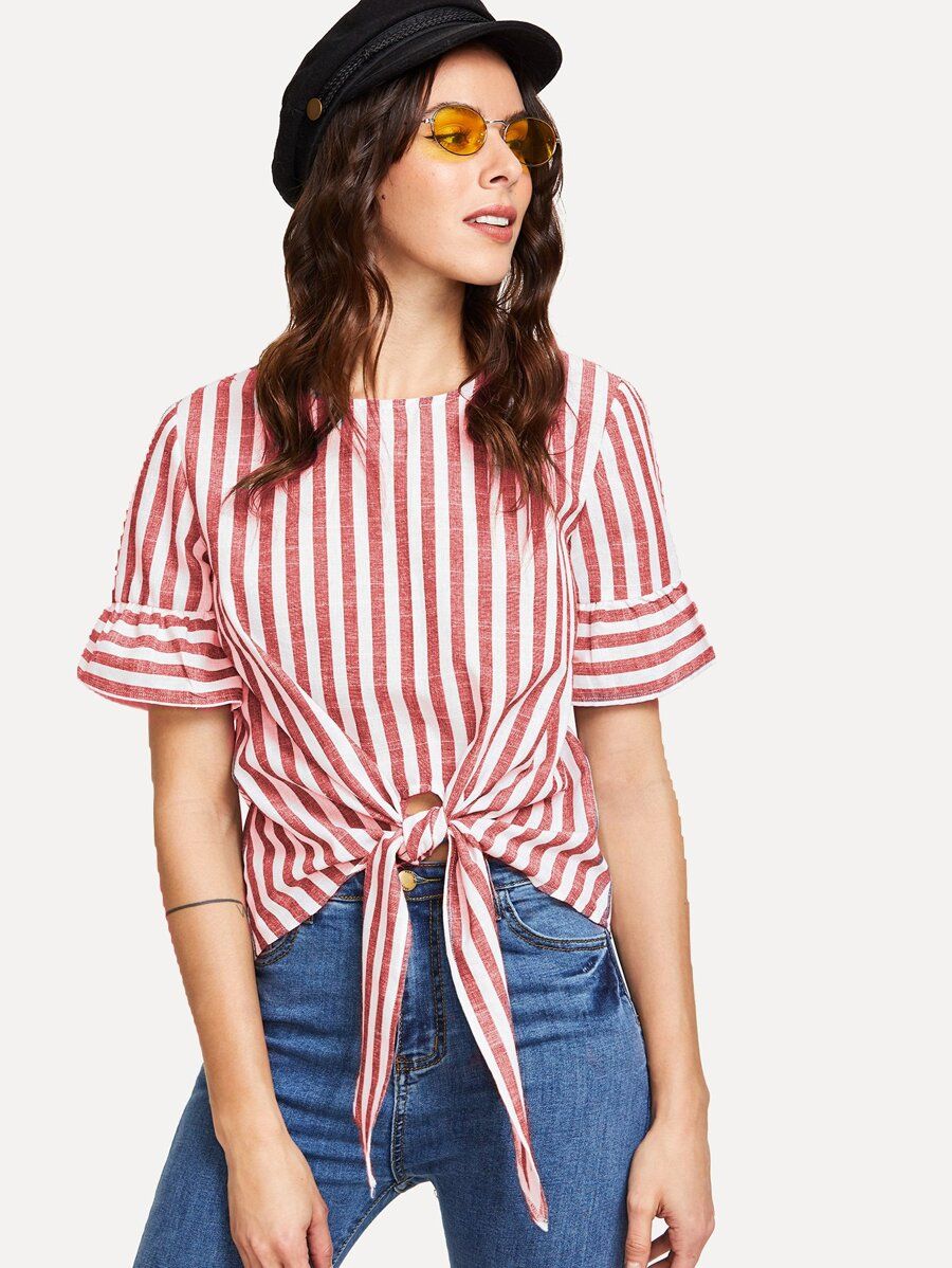 Knot Front Keyhole Back Flounce Sleeve Striped Top | SHEIN