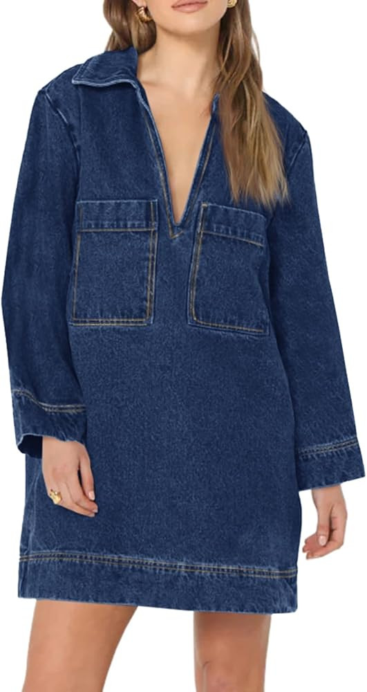 Wenrine Womens Denim Shirt Dress Long Sleeve V Neck Loose Casual Jean Mini Dress with Pockets | Amazon (US)