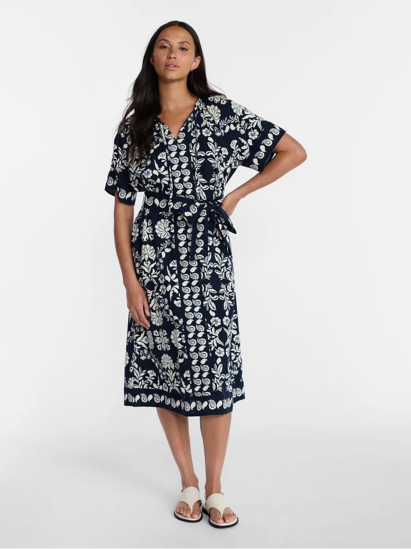 Time and Tru(No ratings yet) Time and Tru Women\u2019s Border Print Linen Blend Midi Dress, Sizes... | Walmart (US)