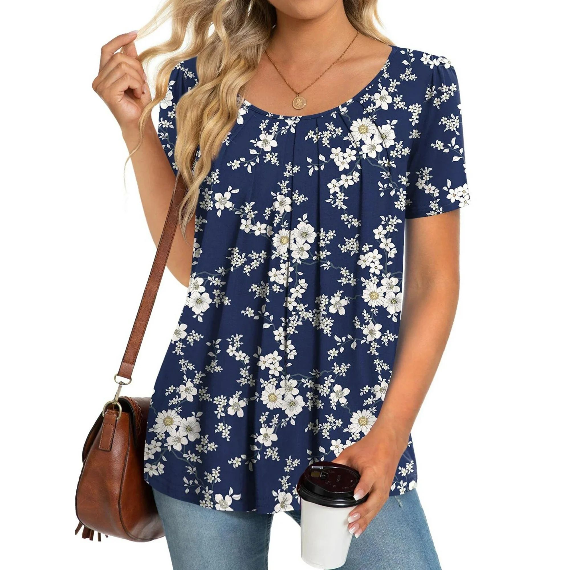 Fantaslook Dressy Blouses for Women Pleated Short Sleeve Tunic Tops Casual Floral Shirts | Walmart (US)
