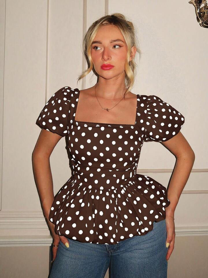 Glamine Spring & Summer Square Neck Bud Sleeves Classic Satin Polka Dot Gathered Sleeves Slim Fit... | SHEIN