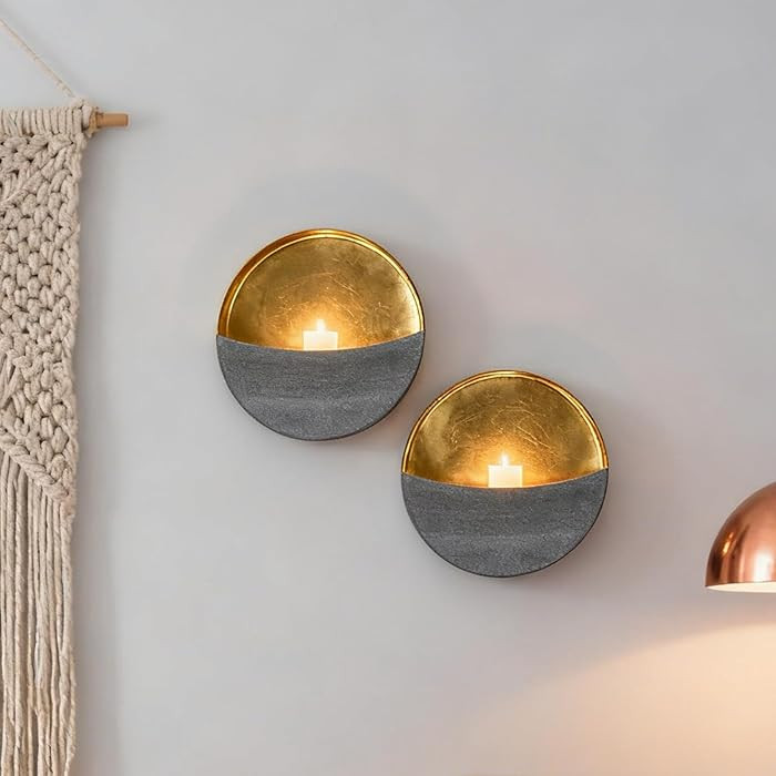 Eclipse Candle Sconces Set of 2 - Modern Gray Metallic Wall Candle Holders with Gold Foil Interio... | Amazon (US)