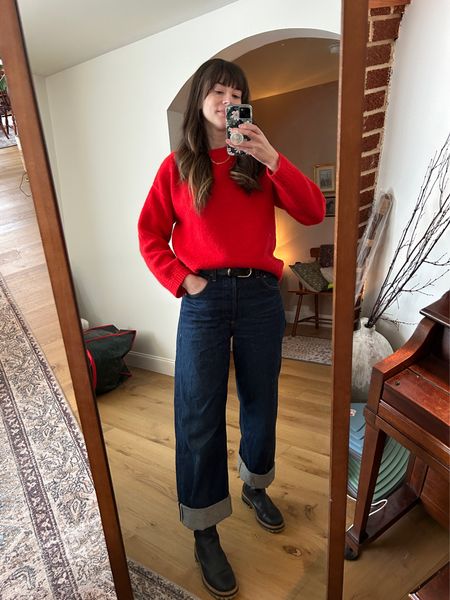 Sezane oversized red sweater with Ayla baggy cuffed crop jeans from Citizens of humanity (size down). Freda Salvador chunky boots. ‘15JESSICA’ for 15% off your Freda purchase. 