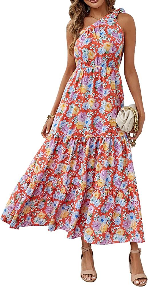 PRETTYGARDEN Women's Floral Summer Dress 2023 Knot One Shoulder Sleeveless Ruffle Hem Flowy Boho Max | Amazon (US)