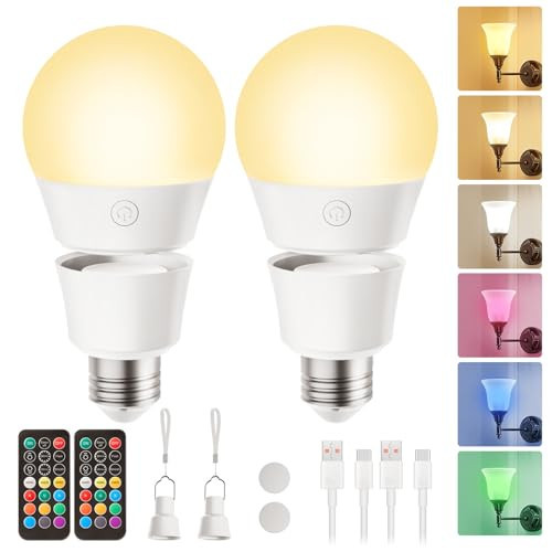Brightown E26 Rechargeable Light Bulb with Remote and Timer, Battery Backup Bulb for Sconces and Lamps, Detachable Charging for Hardwired and Non-Hardwired Fixtures, Dimmable, 12 Colors, 2 Pack | Amazon (US)