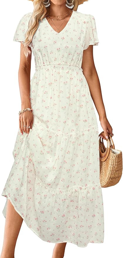 VOTEPRETTY Women's 2025 Summer Boho Maxi Dresses Flutter Short Sleeve V Neck Casual Beach Wedding... | Amazon (US)