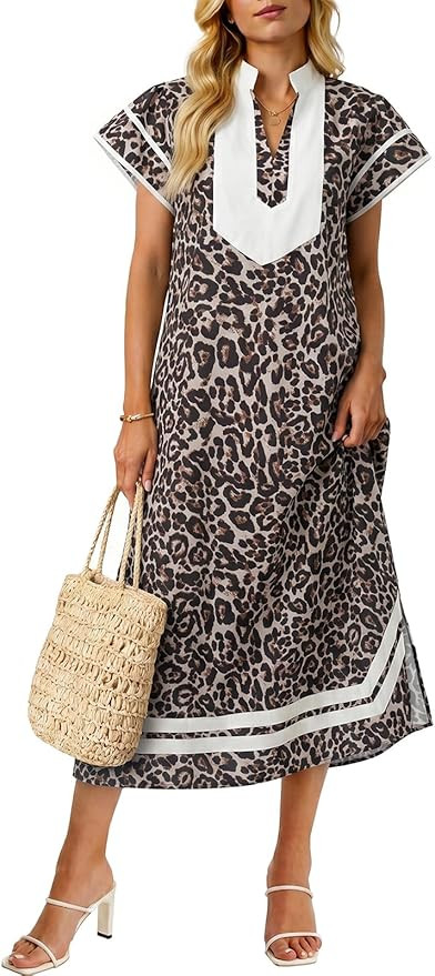 Wenrine Womens Summer Floral Maxi Dress Casual Short Cap Sleeve V Neck Color Block Side Slit Loos... | Amazon (US)