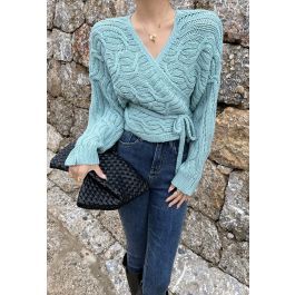 Wrap Front Braid Knit Crop Sweater in Turquoise | Chicwish