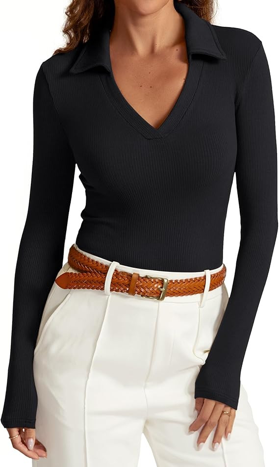 Womens Long Sleeve V Neck Polo Shirts Business Casual Collared Work Top Slim Fitted Basic 2024 Fa... | Amazon (US)