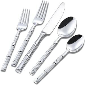 Silverware Set Silver Bamboo Handle Flatware Stainless Steel Heavy Cutlery Set 20 Pieces Mirror P... | Amazon (US)