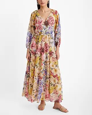 Floral V-Neck Long Sleeve Tiered Ruffle Maxi Dress | Express