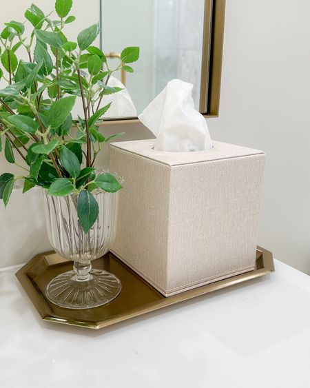 Linen textured neutral tissue box cover & brass tray on my bathroom counter!

#LTKstyletip #LTKfindsunder50 #LTKhome