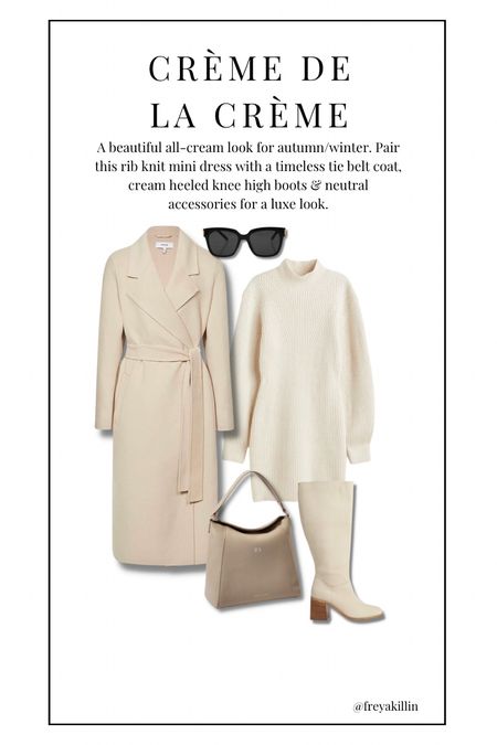 A beautiful all-cream look for autumn/winter. Pair this rib knit mini dress with a timeless tie belt coat, cream heeled knee high boots & neutral accessories for a luxe look.

#LTKstyletip #LTKeurope #LTKSeasonal