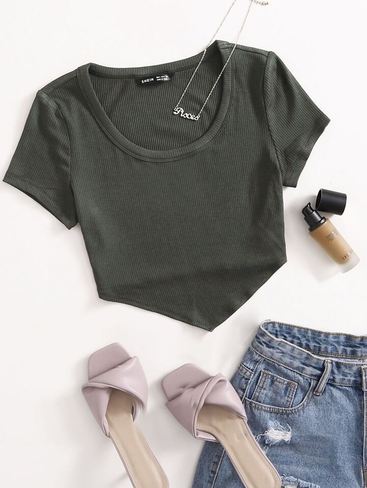 SHEIN EZwear Asymmetrical Hem Rib-knit Top | SHEIN