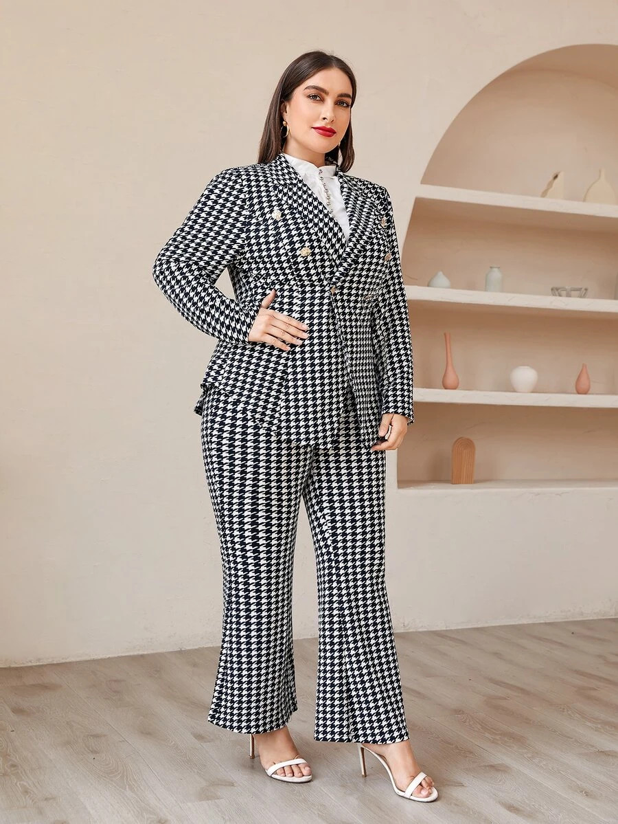 SHEIN Plus Lapel Neck Houndstooth Print Blazer & Flare Leg Pants | SHEIN