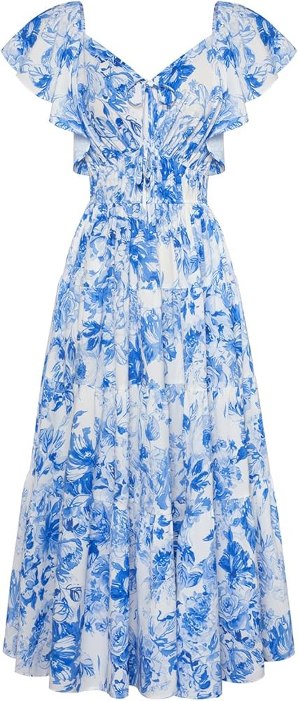 GRACE KARIN Womens 2025 Floral Summer V-Neck Ruffle Sleeve Empire Waist A-Line Casual Maxi Tiered... | Amazon (US)