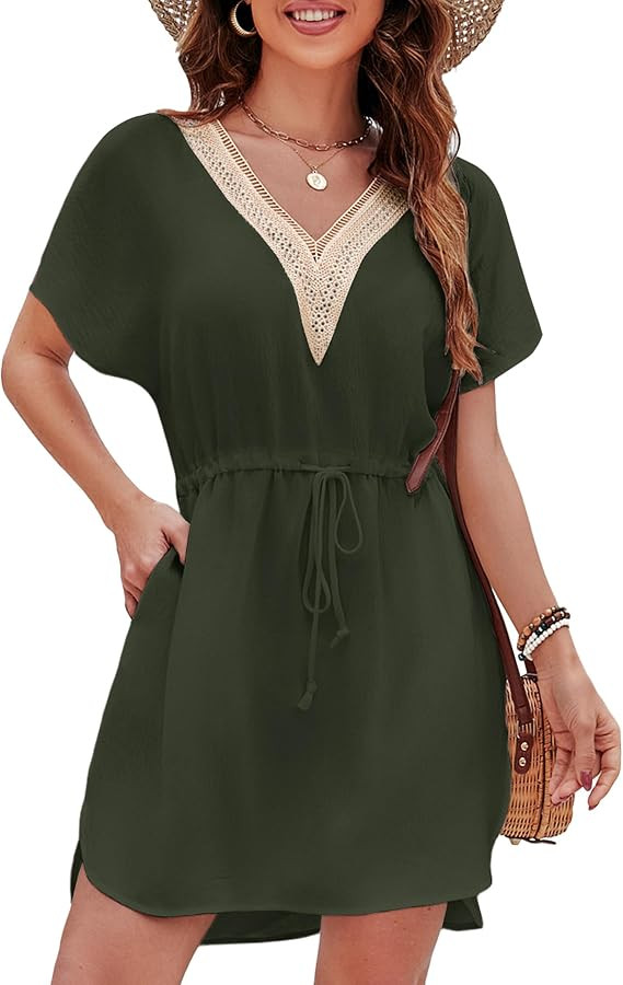 Womens Swimsuit Coverups Lace V Neck Sexy Bathing Suit Cover Ups Dress with Pockets Short Sleeve ... | Amazon (US)