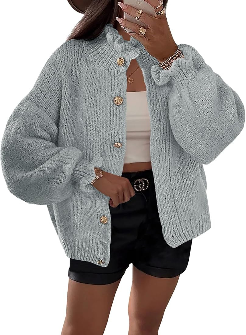 Saodimallsu Womens Ruffle Cardigan Oversized Button Up Fall Trendy Ribbed Knit Open Front Long Sl... | Amazon (US)