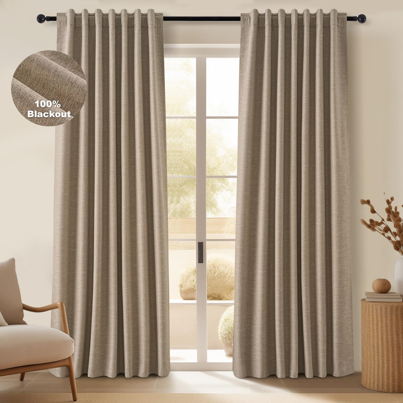 Topfinel Taupe Burlap Linen Blackout Curtains & Drapes 84 Inch Length 2 Panels Set, Flax Linen Br... | Amazon (US)