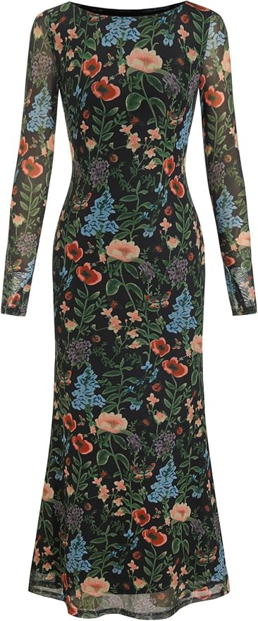 CIDER Floral Wedding Guest Dress for Women Mesh Long Sleeve Maxi Dress | Amazon (US)
