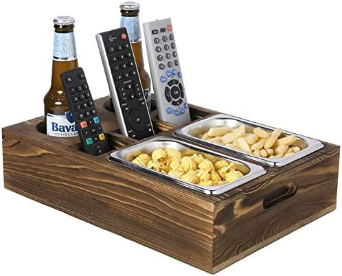 MyGift Rustic Burnt Solid Wood Snack Bowl and Tray Caddy with 2 Drink Holders and Remote Control ... | Amazon (US)