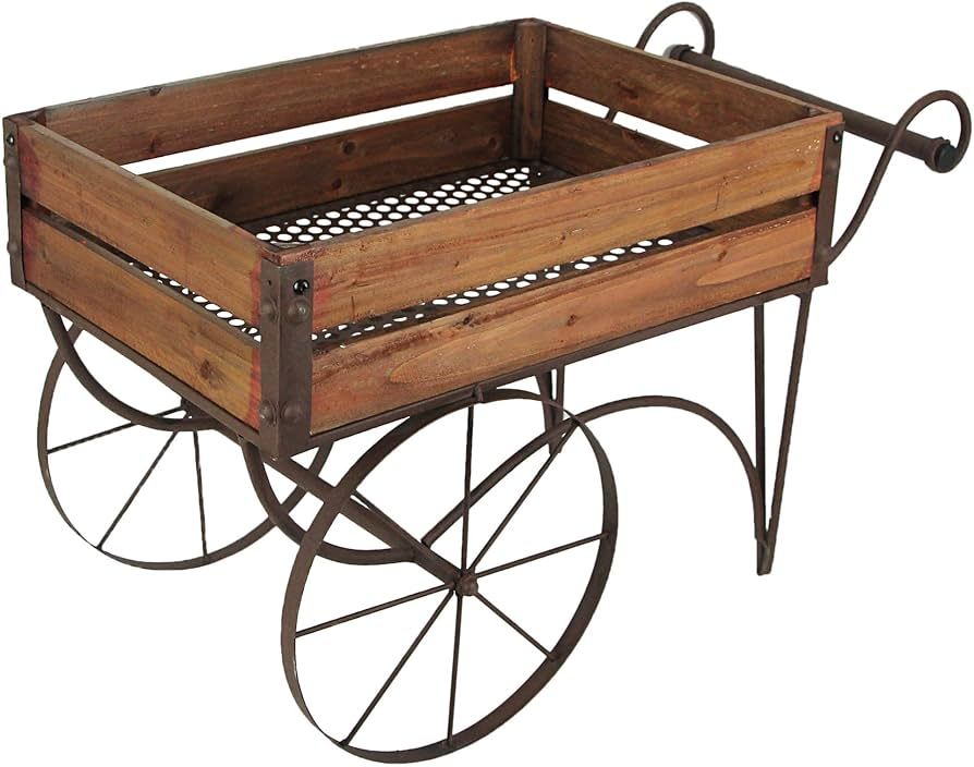 Zeckos 24.25 Inch Rustic Wood and Metal Wagon Cart Style Plant Stand 17 x 12 x 4.5 in Basket Outd... | Amazon (US)