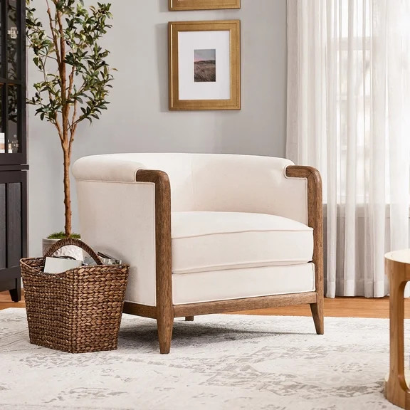 My Texas House Campbell Wood Accent Chair, Cream Fabric | Walmart (US)
