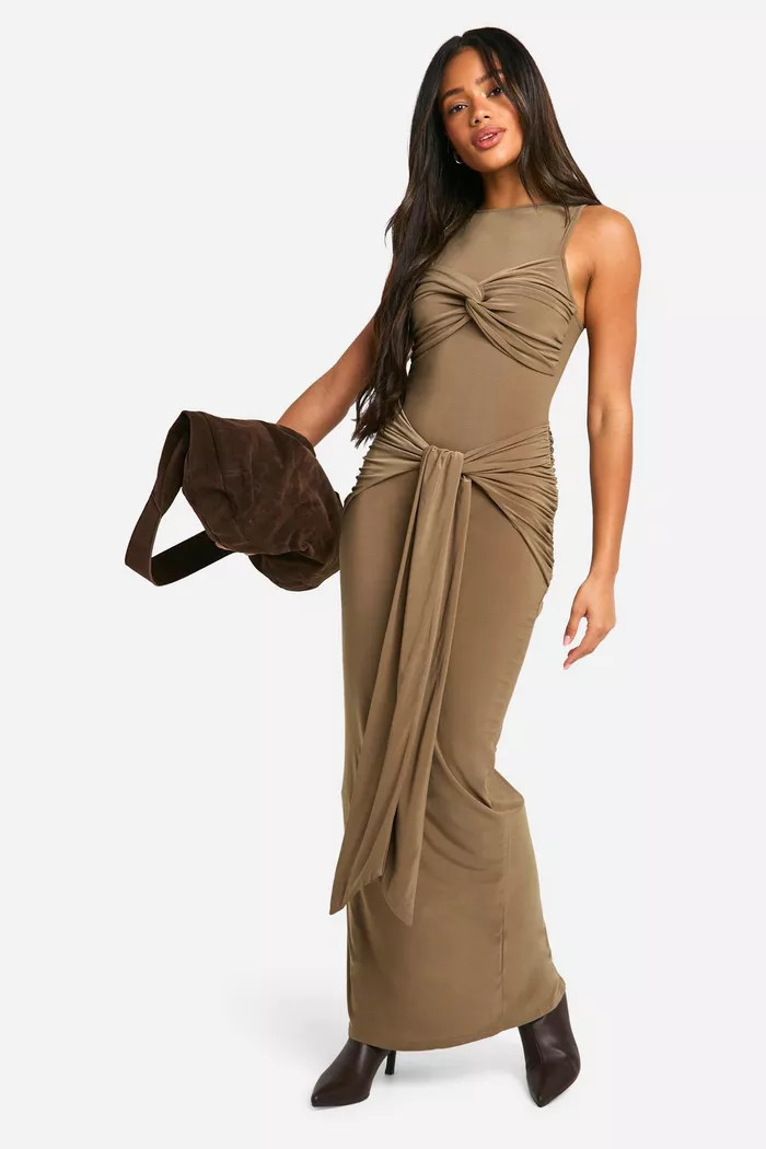 Ruched Twist Detail Racer Neck Maxi Dress | Boohoo.com (UK & IE)