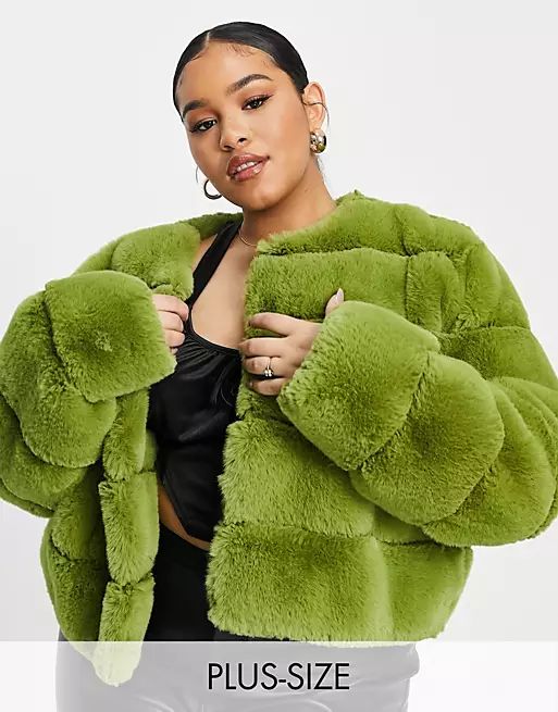 ASOS LUXE Curve cropped faux fur jacket in chartreuse | ASOS (Global)