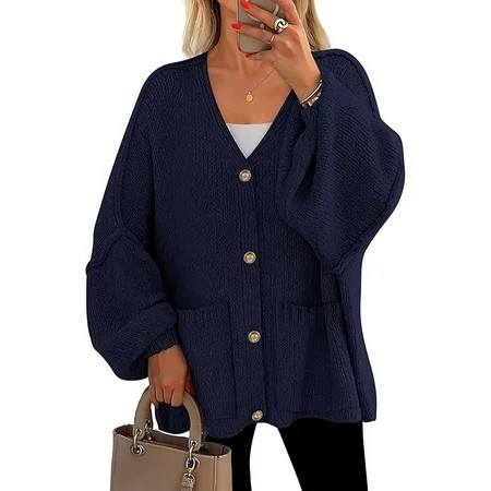 PRETTYGARDEN Fall Chunky Cardigan Sweaters for Women Button Long Lantern Sleeve Knit Oversized Sweater Coats with Pocket | Walmart (US)