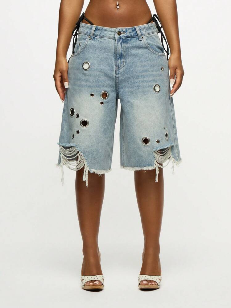 SUMWON WOMEN Distressed Denim Bermuda Shorts With Eyelet Details Side Tie Belt Loops Frayed Hem Festival Summer Beach Ripped Cargo Jorts | SHEIN