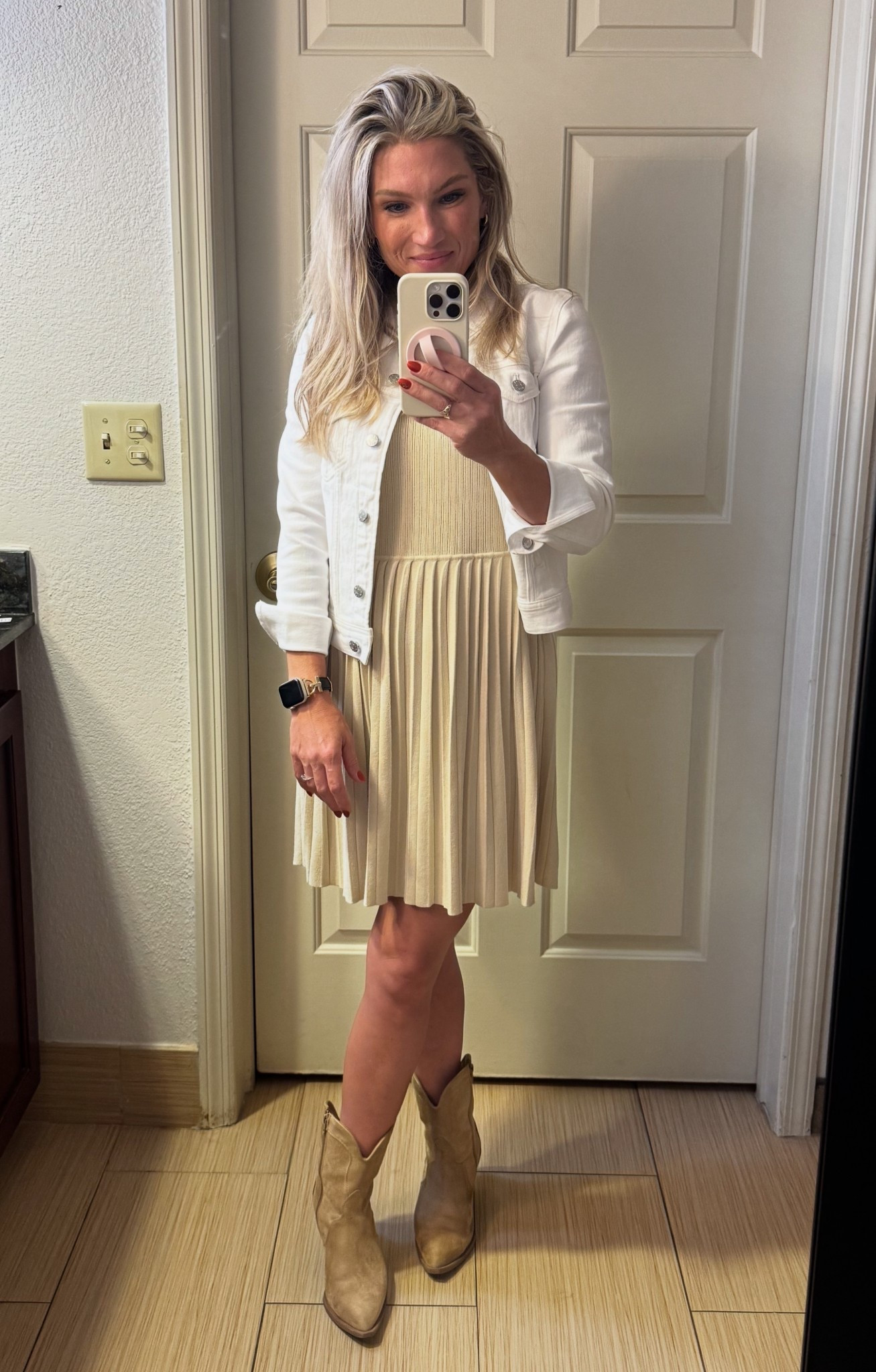 Workday neutrals done right. A soft pleated dress with a white denim jacket and suede western boots keeps it polished but easy. Perfect for office to dinner or drinks. #workoutfit

#LTKWorkwear #LTKSaleAlert #LTKStyleTip