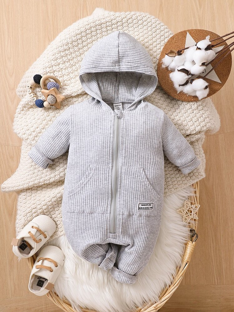 Baby Letter Patched Detail Hooded Jumpsuit | SHEIN