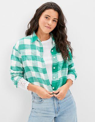 AE Cozy Cropped Flannel Shirt | American Eagle Outfitters (US & CA)